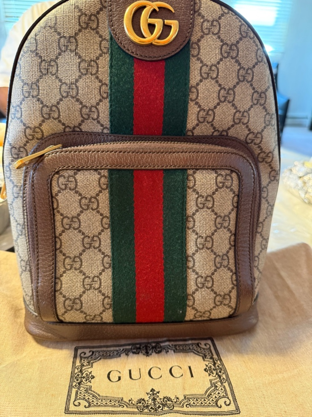Gucci Beige GG Supreme Backpack with Red & Green Web and Brown Trim